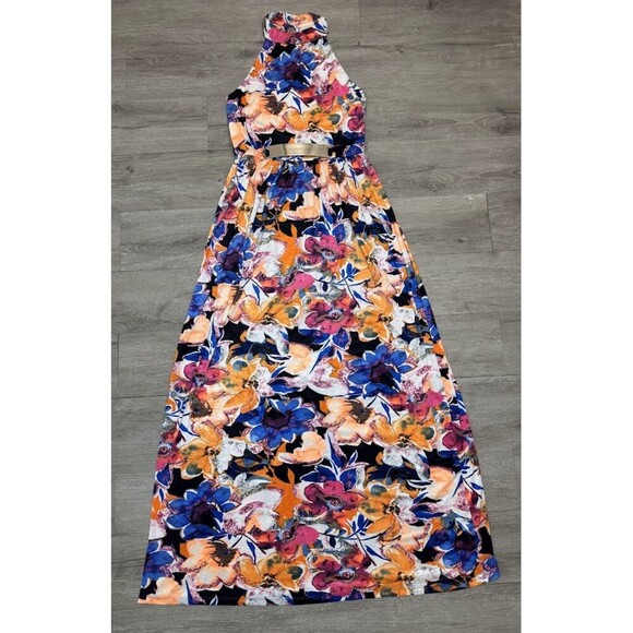 Jacaranda Dresses & Skirts - Floral Halter Maxi Dress Gold Waist Detail Tropical Resort Large